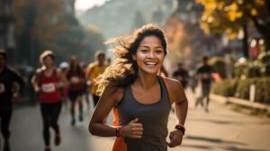 A woman smiling confidently with white teeth while running in a race.