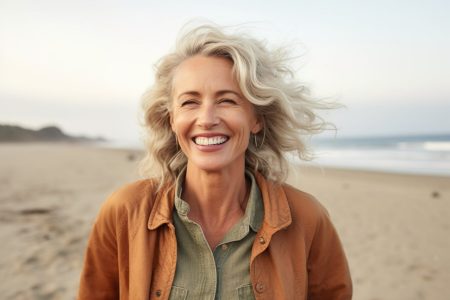 AI generated image of happy mature woman at the beach. High quality photo