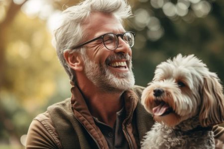 Portrait of happy senior man in eyeglasses with dog in park